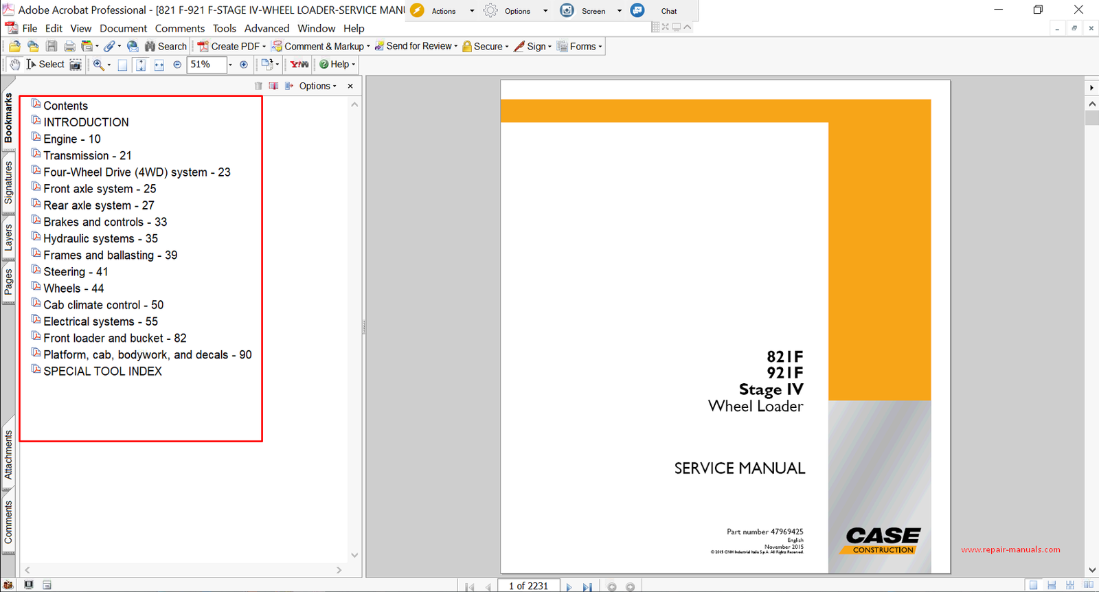 Service repair manual for Case 821F Wheel Loader, including maintenance tips and technical specifications with highlighting repair procedures