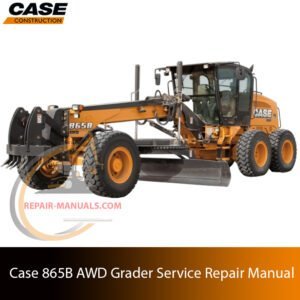 Service repair manual cover for case 865b awd motor grader, featuring technical illustrations, detailed repair and maintenance instructions
