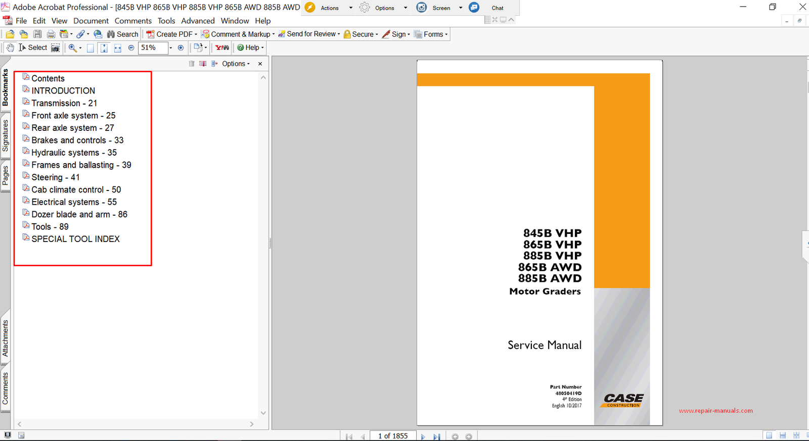 Service repair manual for Case 885B AWD Motor Grader, including maintenance tips and technical specifications with highlighting repair procedures