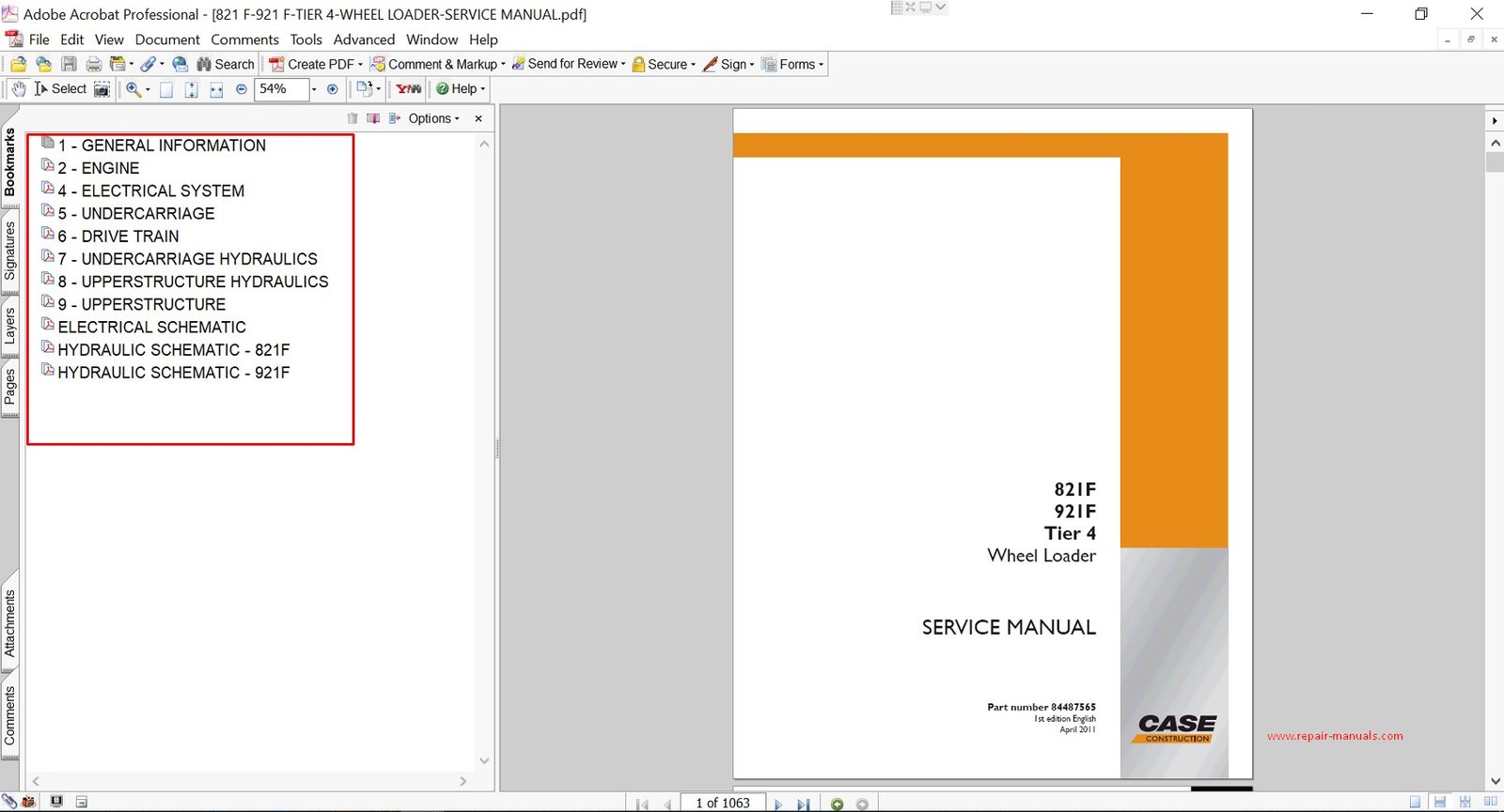 Service repair manual for Case 921F Wheel Loader, including maintenance tips and technical specifications with highlighting repair procedures