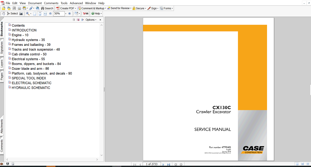 Service repair manual for Case CX130C Excavator, displaying key repair procedures and maintenance instructions