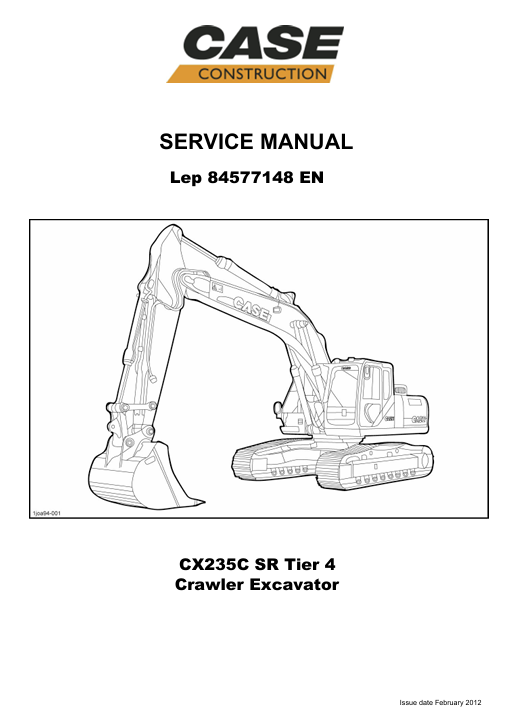 Service repair manual cover for Case CX235C SR Excavator, featuring technical illustrations, detailed repair and maintenance instructions