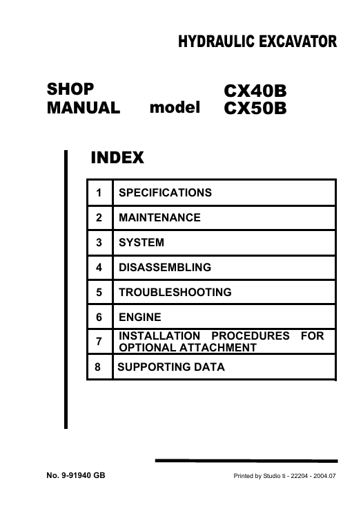 Service repair manual for Case CX50B Excavator, including maintenance tips and technical specifications with highlighting repair procedures