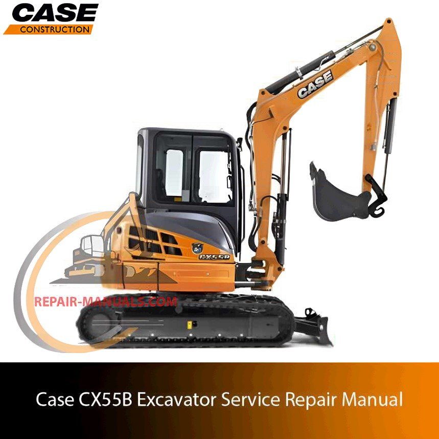 Service repair manual cover for Case CX55B Excavator, featuring technical illustrations, detailed repair and maintenance instructions