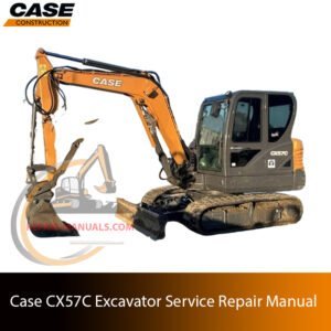 Service repair manual cover for Case CX57C Excavator, featuring technical illustrations, detailed repair and maintenance instructions