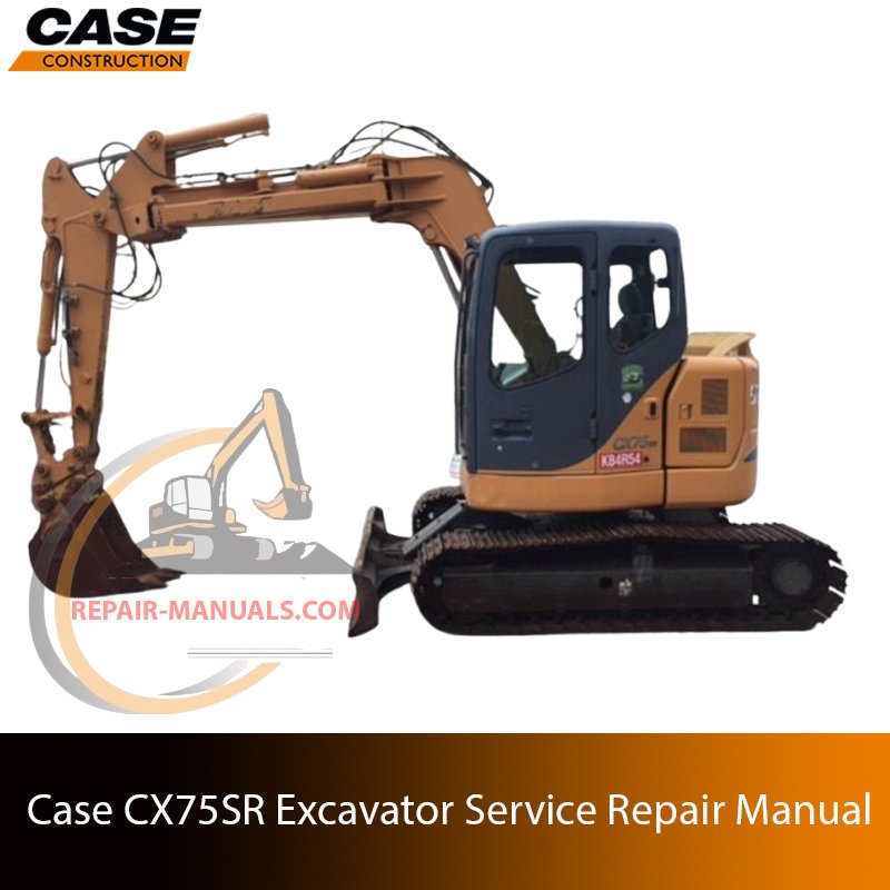 Service repair manual cover for Case CX75SR Excavator, featuring technical illustrations, detailed repair and maintenance instructions