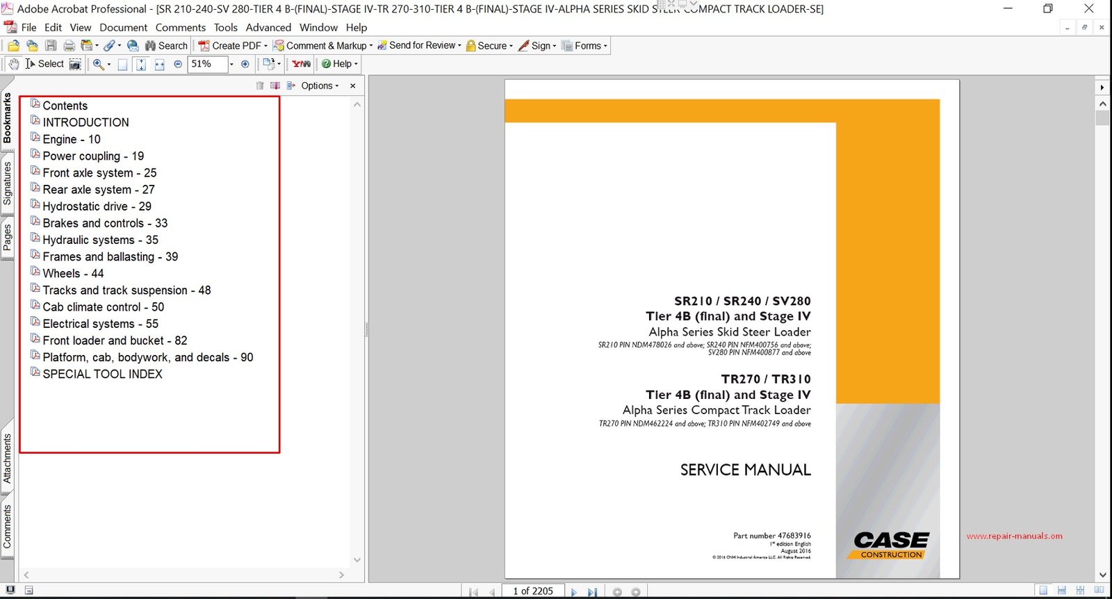 Service repair manual for Case case TR270 track loader, including maintenance tips and technical specifications with highlighting repair procedures