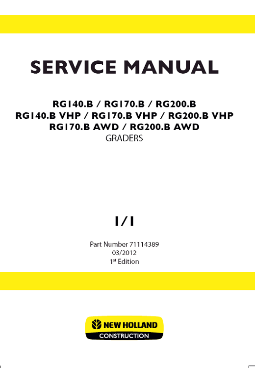 Cover page of the Service Repair Manual for New Holland RG200B Motor Grader, including technical maintenance and repair procedures