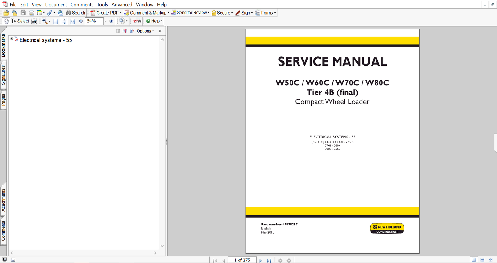 New Holland W60C Wheel Loader service manual cover for electrical systems, featuring detailed repair instructions and diagrams