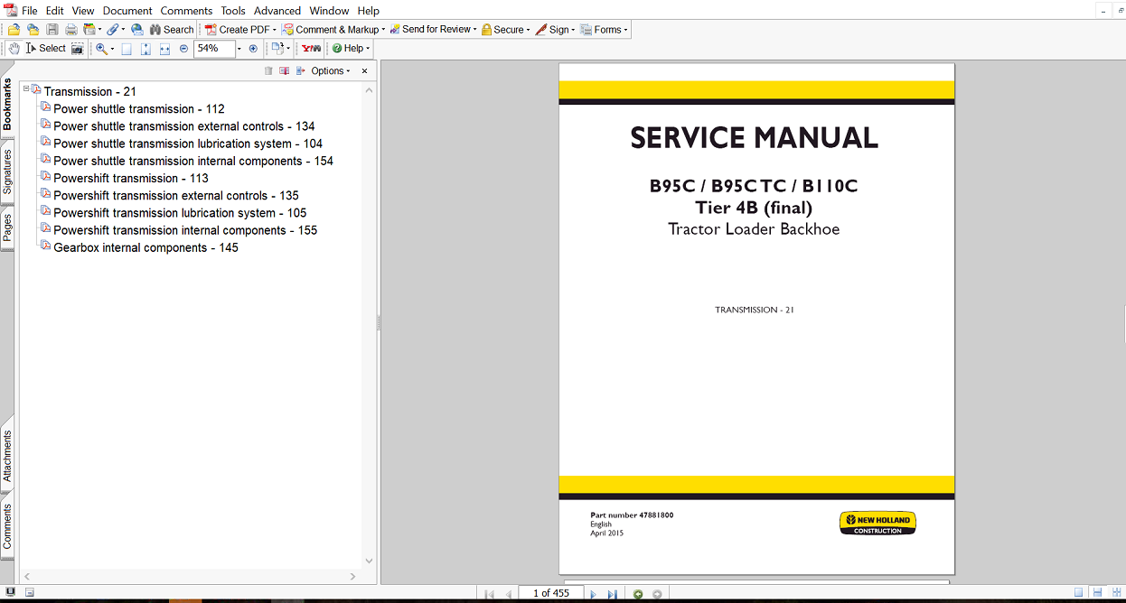 New Holland B95C Backhoe Loader Transmission Service Repair Manual cover displaying the model and essential repair guidelines