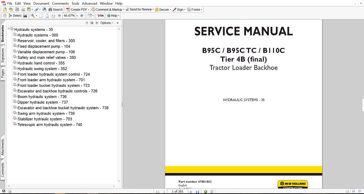 Hydraulic systems service manual for New Holland B110C Backhoe Loader, detailing repair procedures and maintenance tips