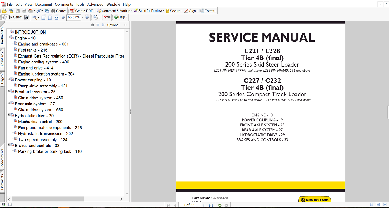 New Holland C227 Track Loader engine service manual cover, highlighting repair techniques and detailed illustrations
