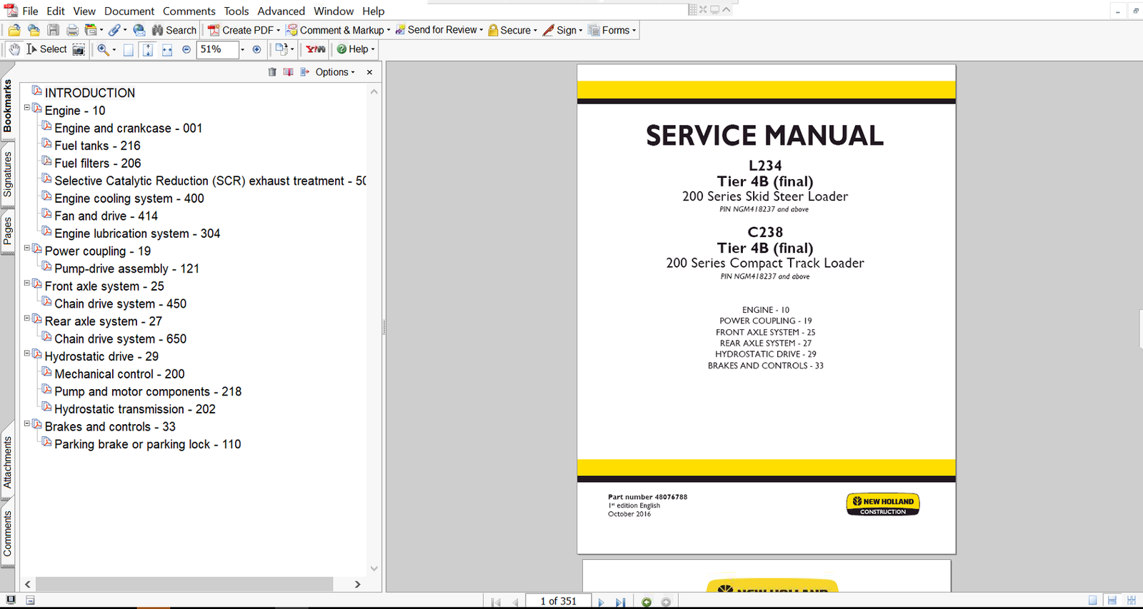 the New Holland C238 Track Loader Engine Service Repair Manual, highlighting the loader and service topics