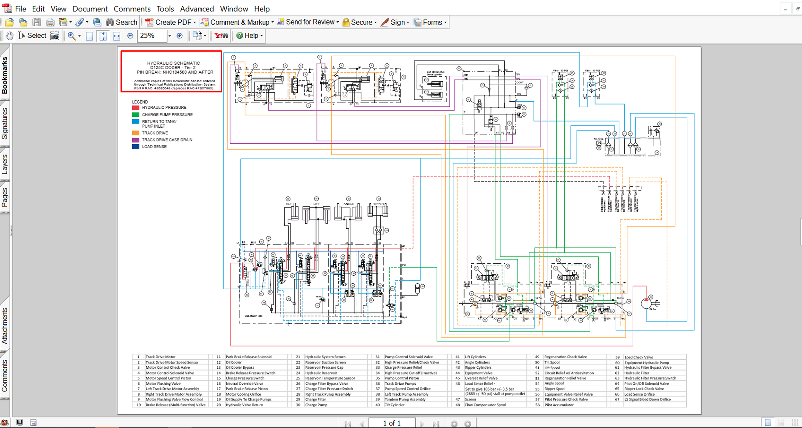 Illustrative hydraulic diagrams for the New Holland D125C dozer, outlining the hydraulic system for effective troubleshooting