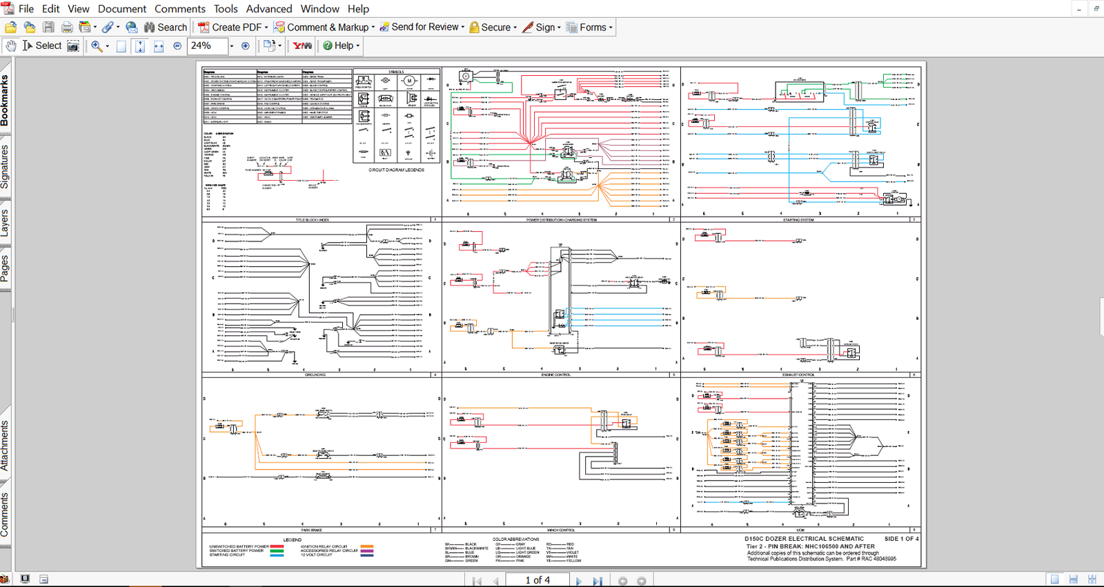 Detailed electrical diagrams for the New Holland D150C dozer, showing wiring and electrical components