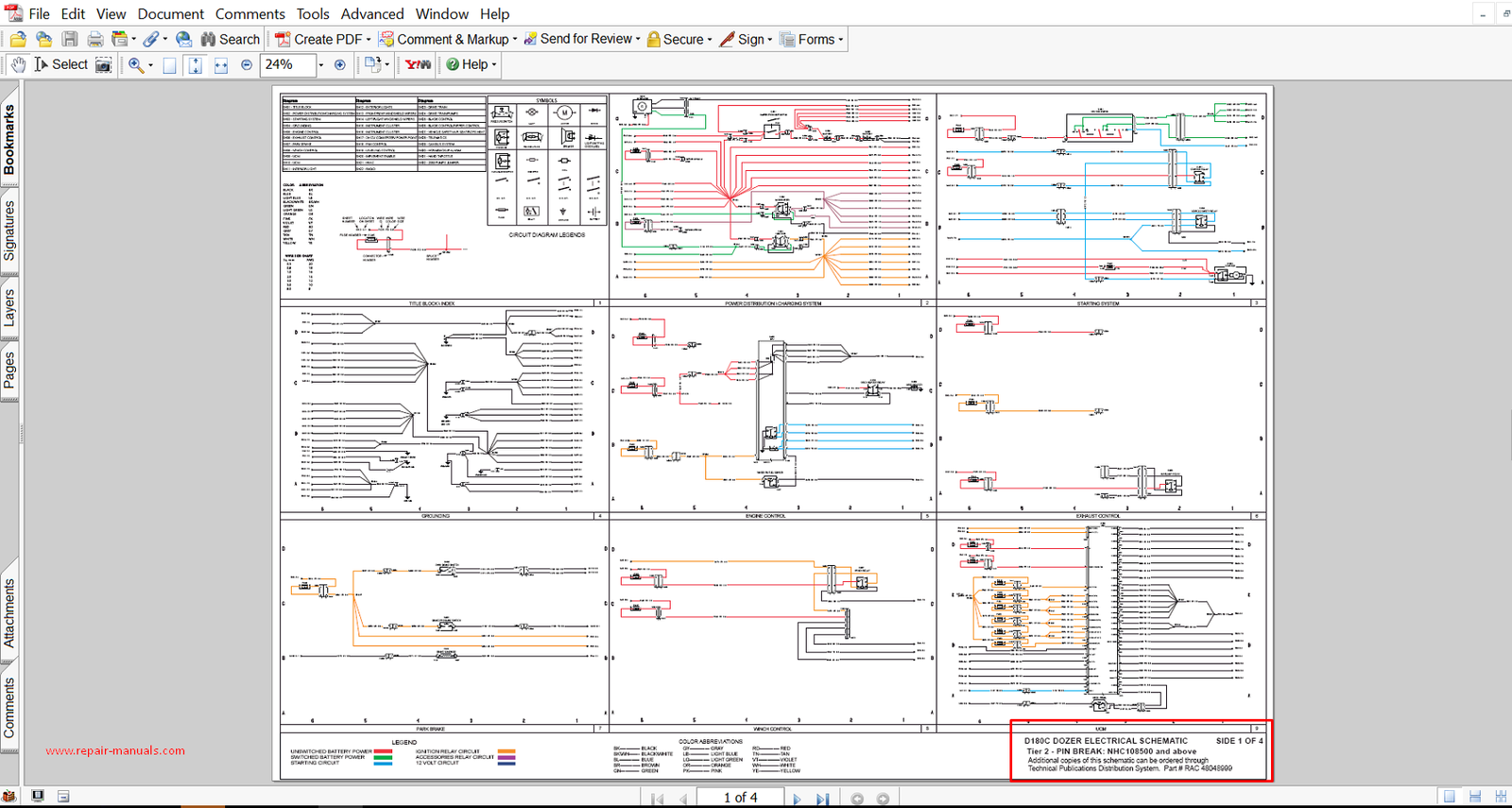 Detailed electrical diagrams for the New Holland D180C dozer, showing wiring and connections