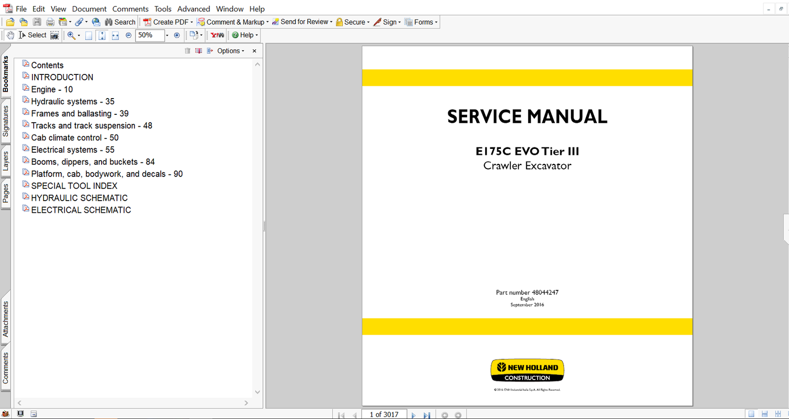 Service repair manual for New Holland E175C EVO Excavator, displaying the model name and critical service information