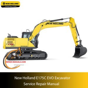 Service repair manual cover for New Holland E175C EVO Excavator, featuring technical illustrations, detailed repair and maintenance instructions