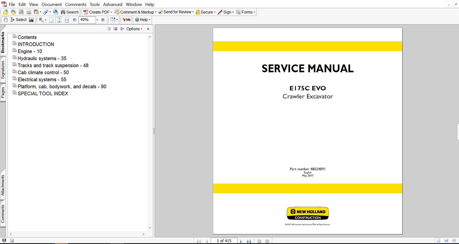 Service repair manual for New Holland E175C EVO Excavator, featuring comprehensive guides and diagrams for maintenance