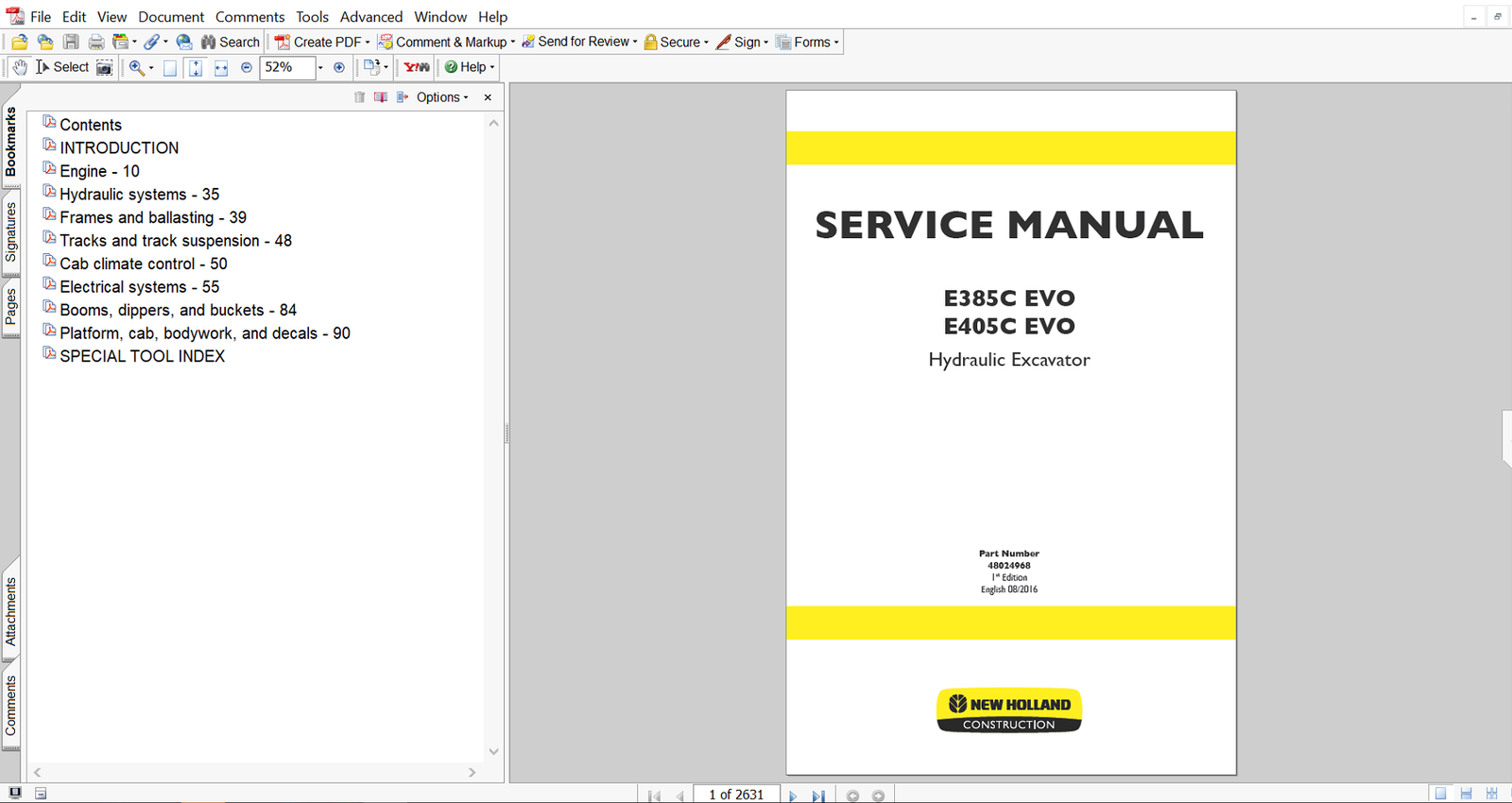 Service repair manual for New Holland E385C EVO Excavator, including maintenance tips and technical specifications with highlighting repair procedures