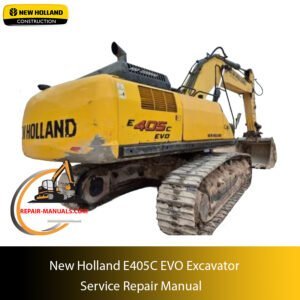 Service repair manual cover for New Holland E385C EVO Excavator, featuring technical illustrations, detailed repair and maintenance instructions