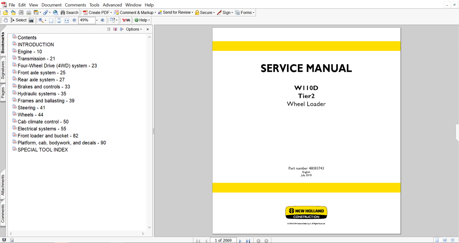 New Holland W110D Wheel Loader Service Manual cover, displaying the loader and essential repair information