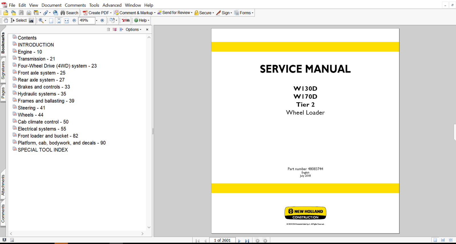 Service Repair Manual for New Holland W170D Wheel Loader, highlighting maintenance procedures and illustrations