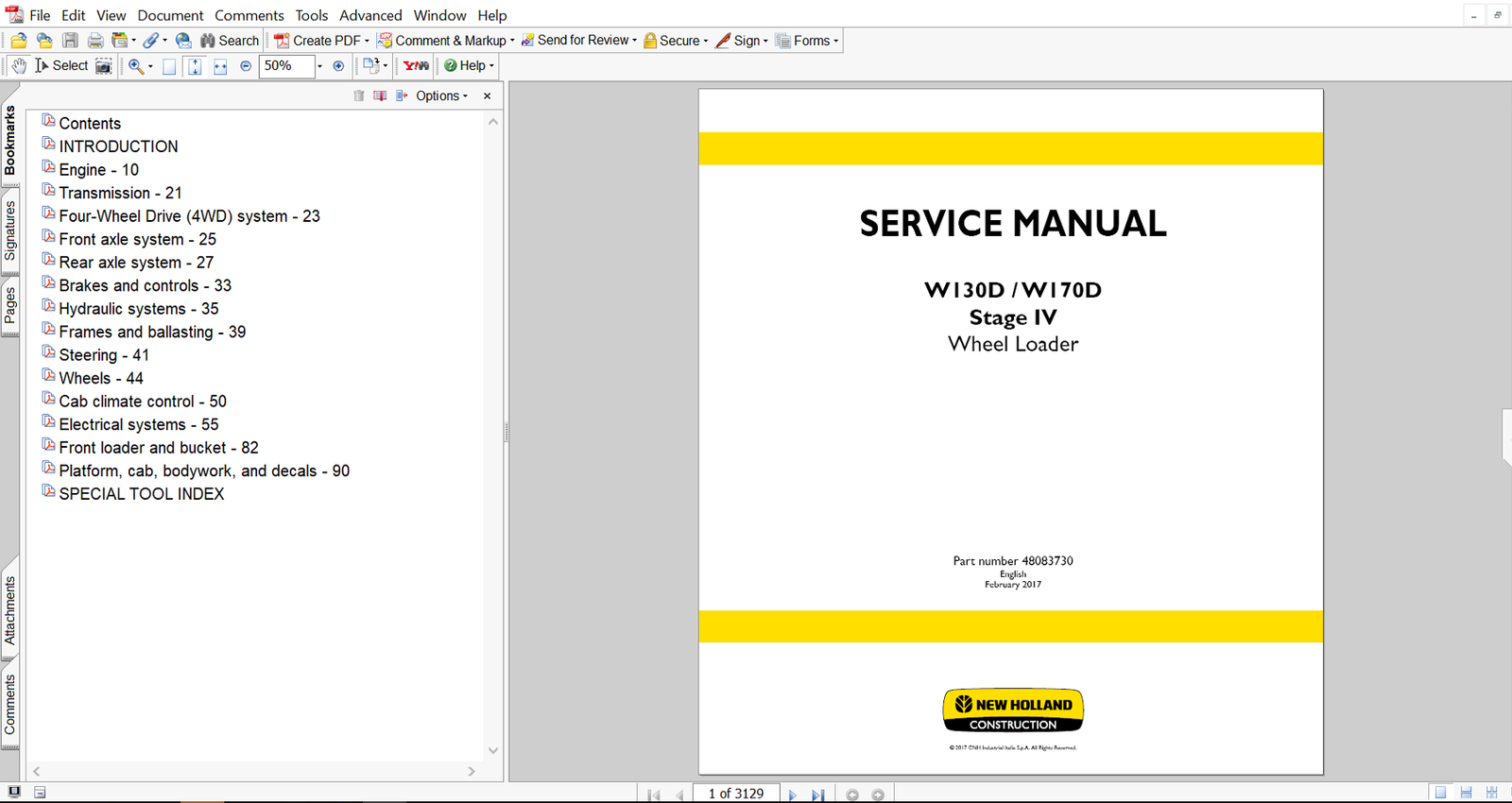 New Holland W170D Wheel Loader Service Manual cover with images of the loader and technical repair details
