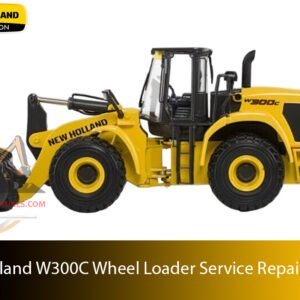 Service repair manual cover for New Holland W300C Wheel Loader, featuring technical illustrations, detailed repair and maintenance instructions