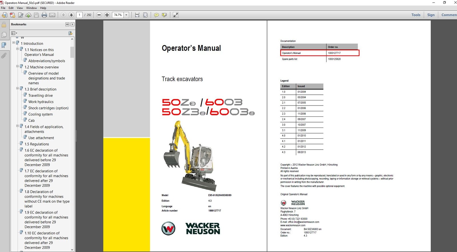 Wacker Neuson 50z3 Excavator Operator's Manual cover featuring the model name and technical illustrations