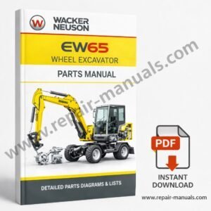 Parts manual for Wacker Neuson EW65 Wheel Excavator, displaying an image of the excavator and detailed parts information