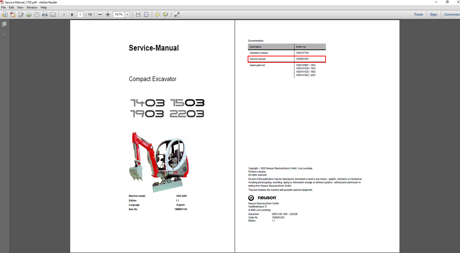 Wacker Neuson excavator service repair manual for models 1403, 1503, 1903, and 2203, showcasing essential maintenance information