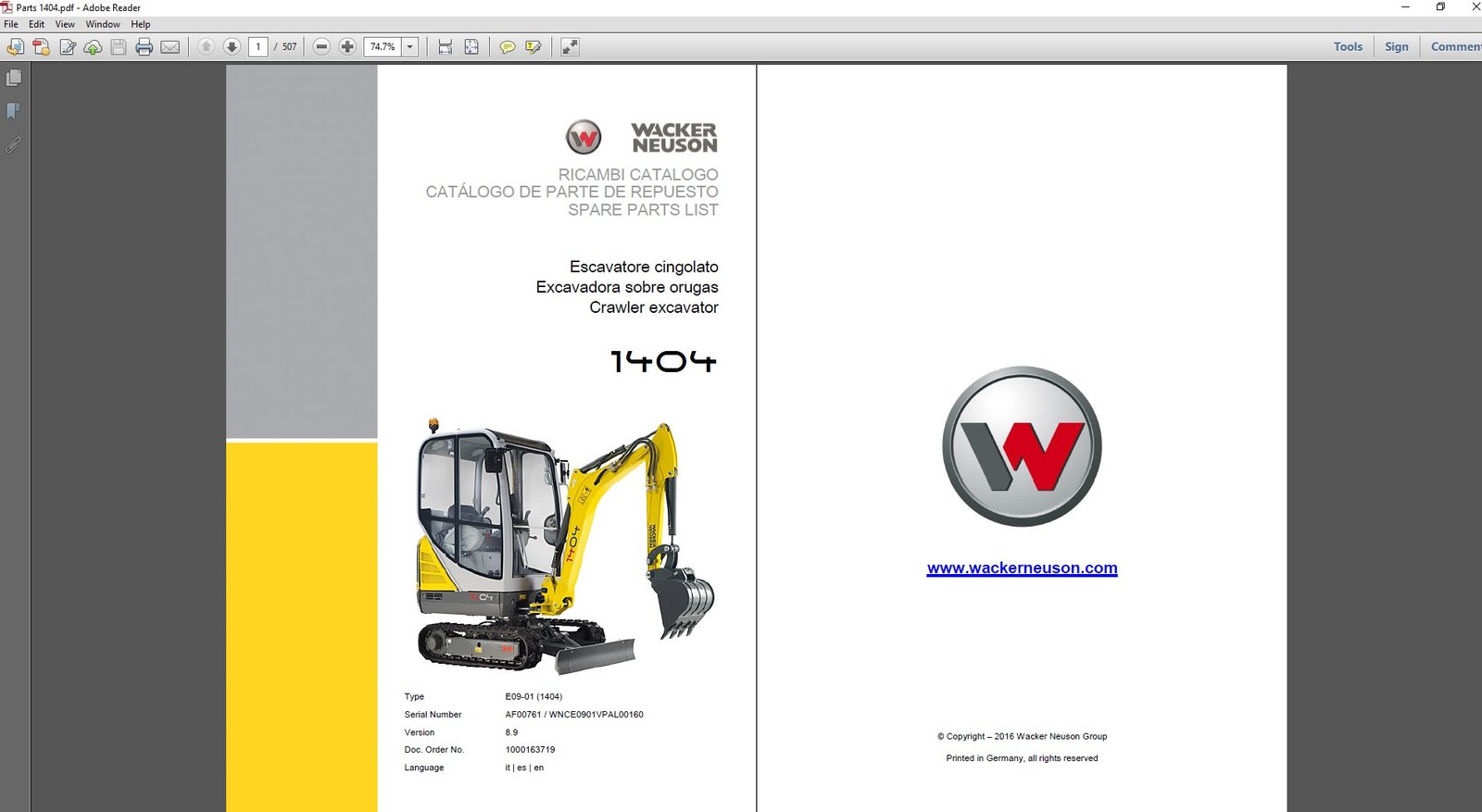 Wacker Neuson 1404 Excavator Parts Manual cover featuring an illustration of the excavator and parts list