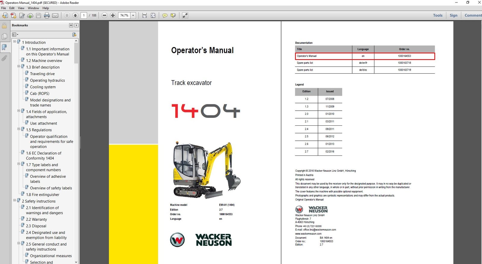 Wacker Neuson 1404 Excavator Operator's Manual cover featuring the model and safety instructions for operators