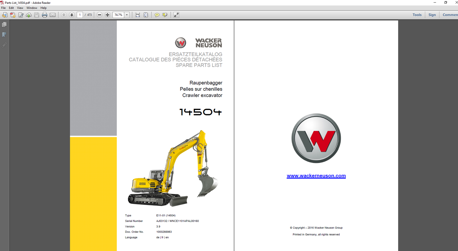 Wacker Neuson 14504 Excavator Parts Manual cover featuring detailed diagrams and parts listings for maintenance and repair