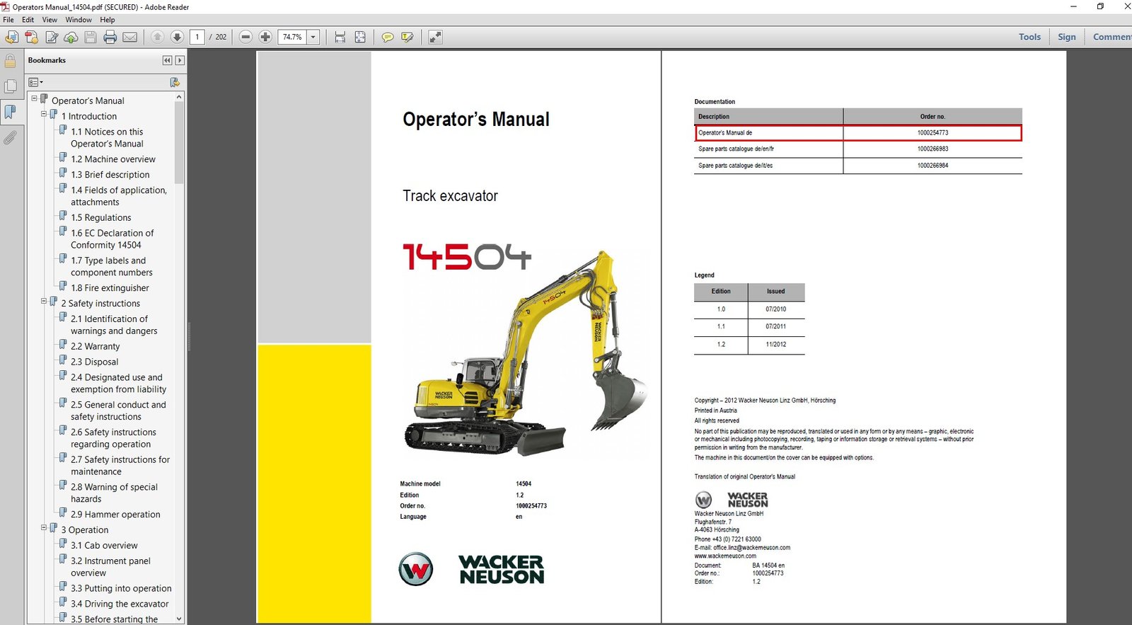 Wacker Neuson 14504 Excavator Operator's Manual with the model title and an image of the excavator on the front cover
