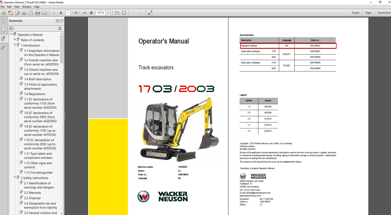 Wacker Neuson 1703 Excavator Operator's Manual (2003), outlining usage procedures and maintenance tips for operators