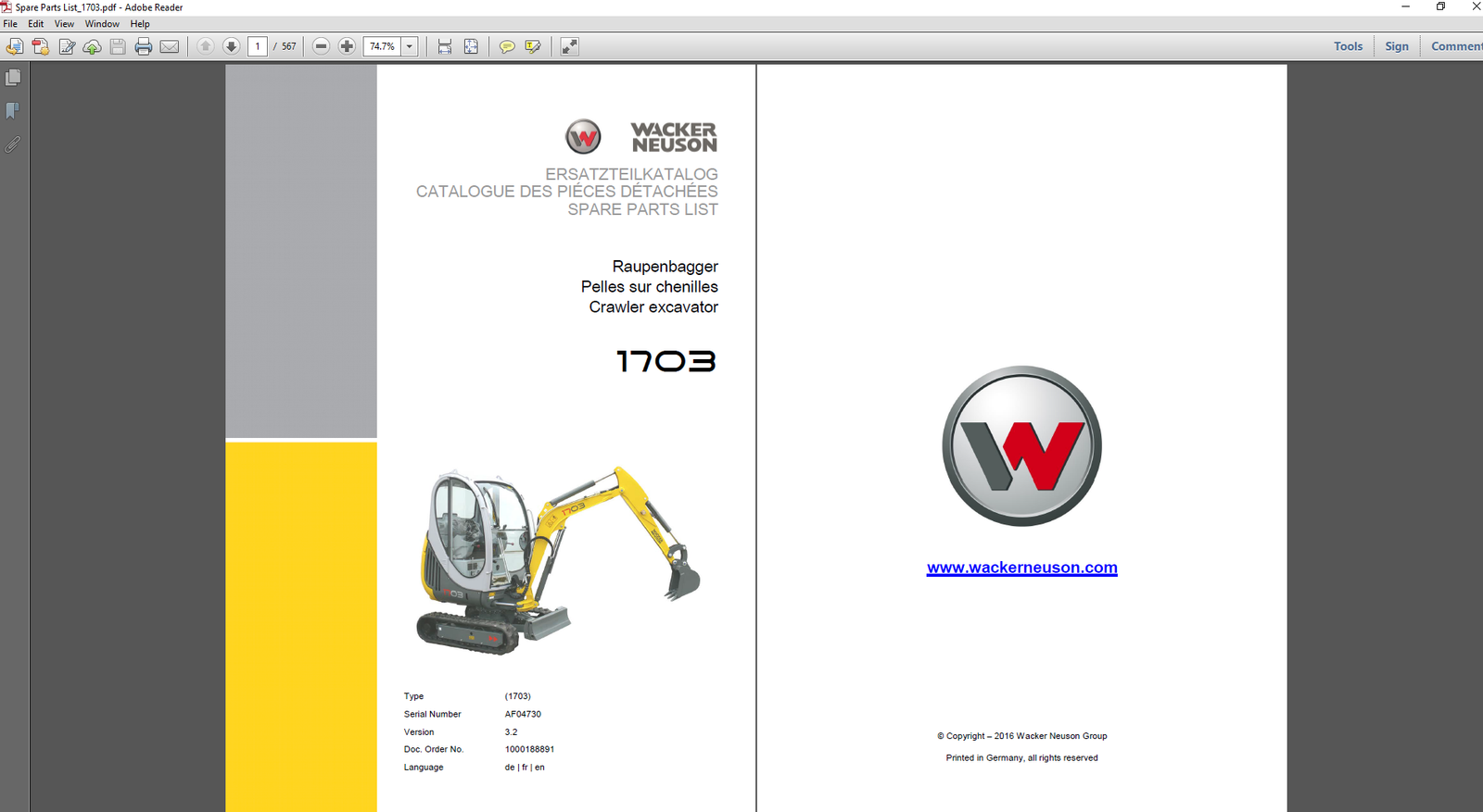 Parts manual for Wacker Neuson 1404 Excavator, displaying diagrams and specifications for maintenance and repairs