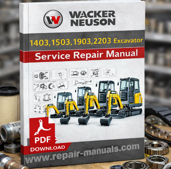 Service repair manual cover for Wacker Neuson 1403, 1503, 1903, and 2203 excavators, featuring technical illustrations and details
