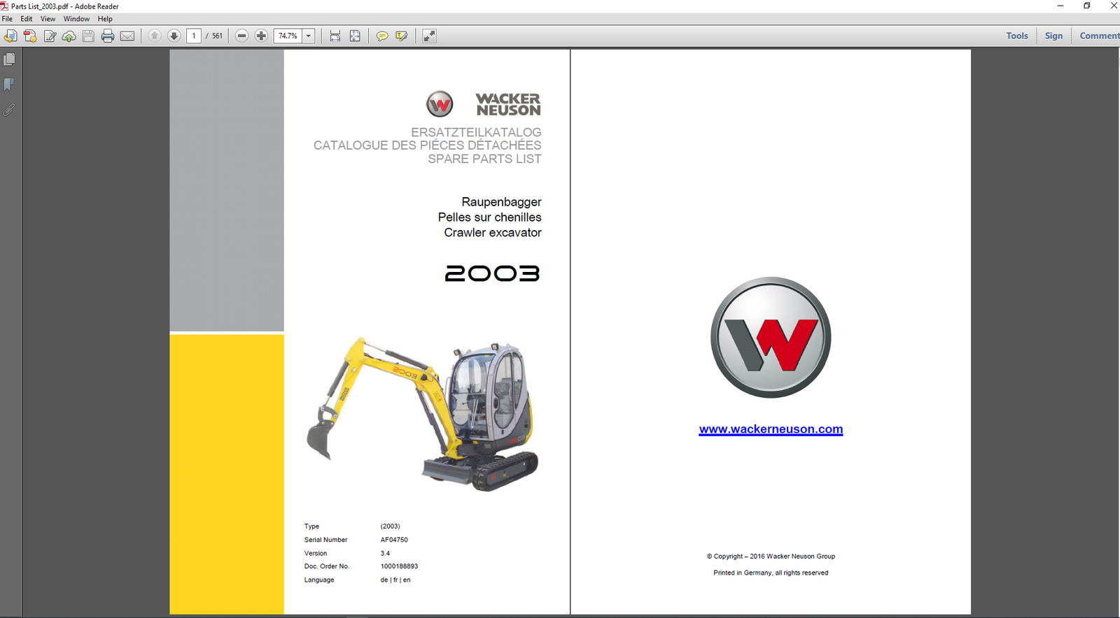 Wacker Neuson 2003 Excavator Parts Manual cover featuring detailed diagrams and parts listings for maintenance and repair
