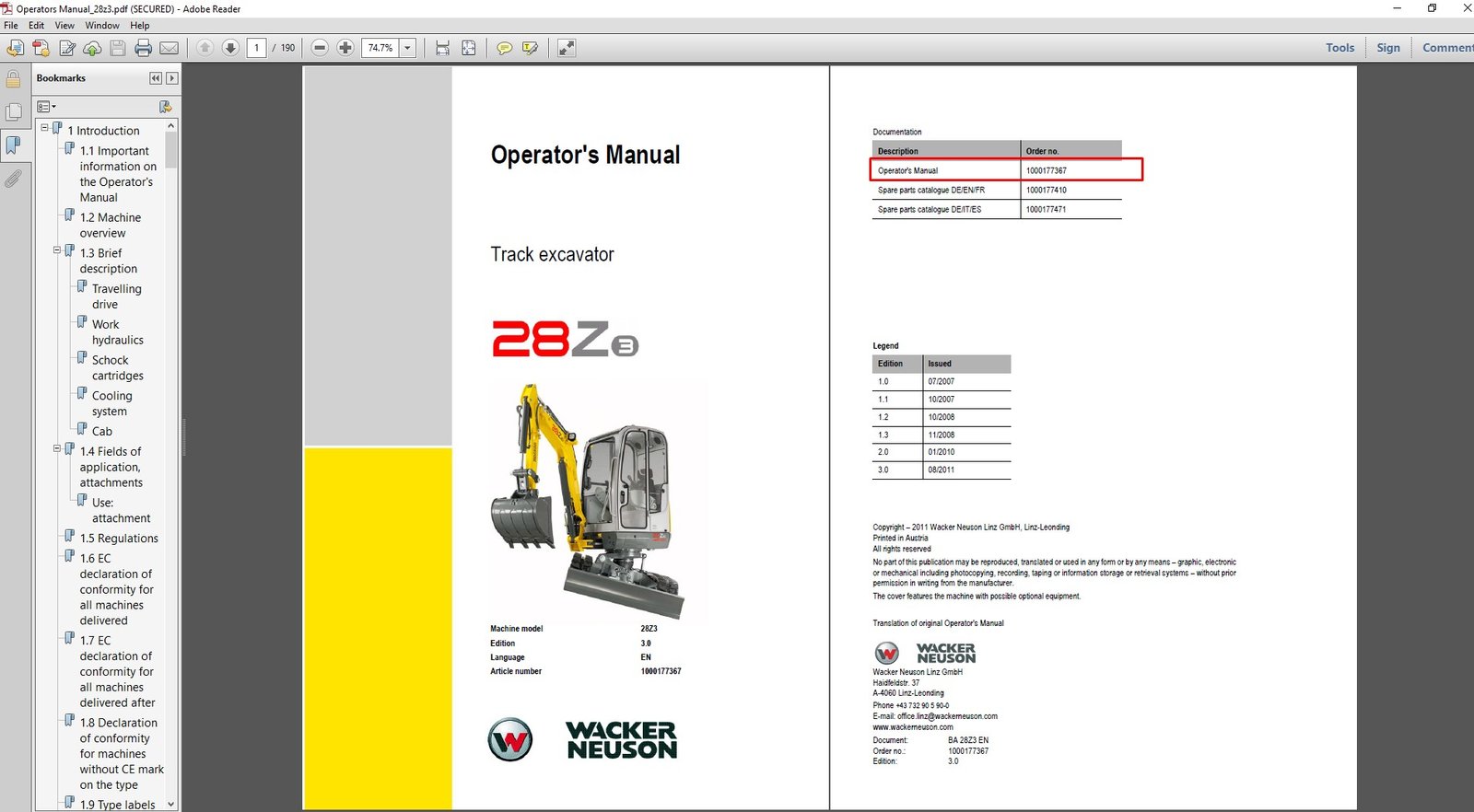 Wacker Neuson 28z3 Excavator Operator's Manual, showcasing the model name and a detailed graphic of the excavator's features