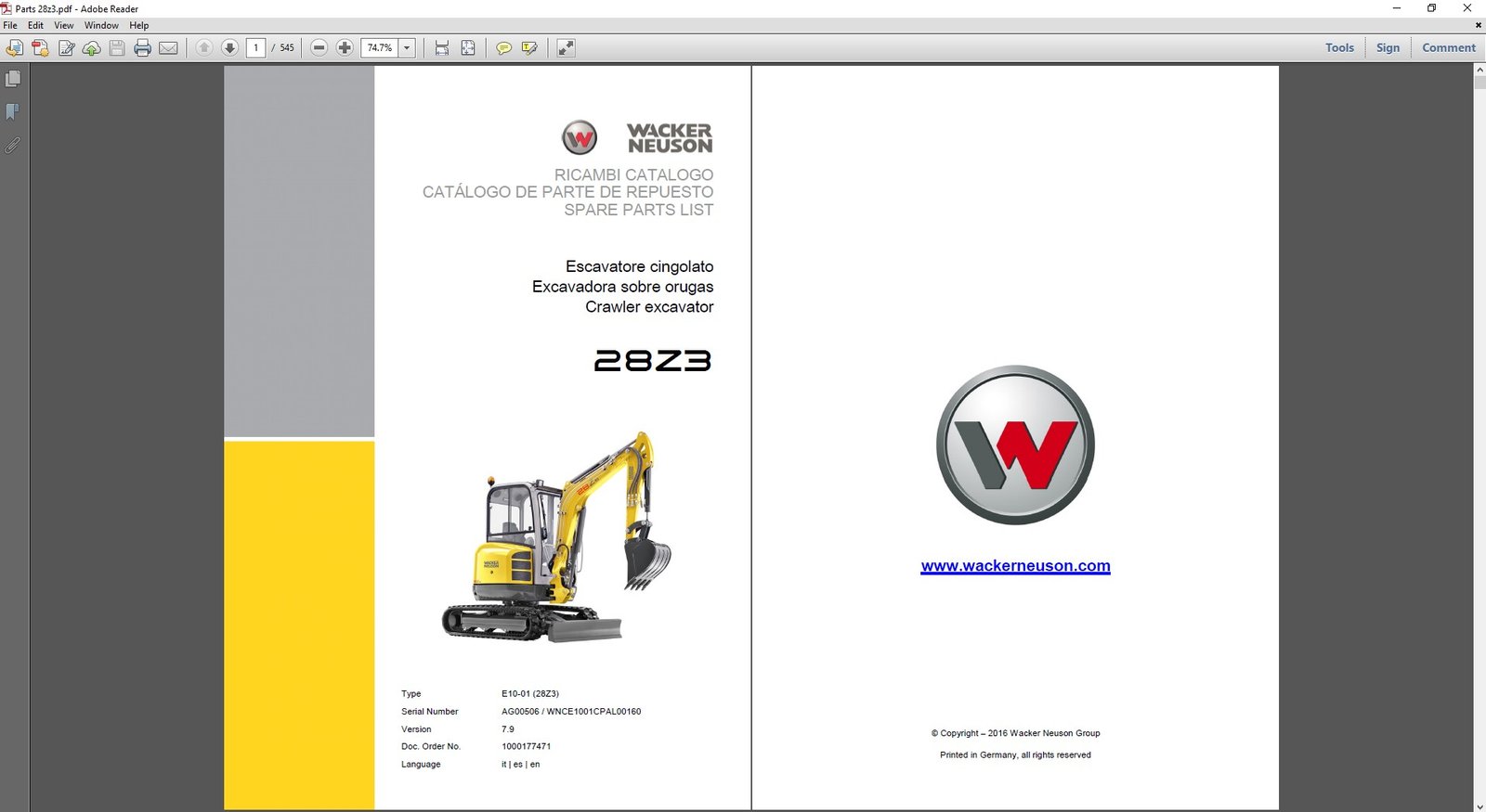 Wacker Neuson 28z3 Excavator Parts Manual with a visual of the excavator and a comprehensive parts breakdown
