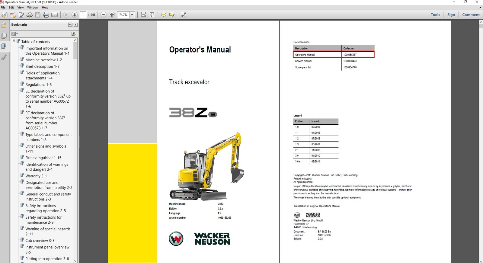 Wacker Neuson 38z3 Excavator Operator's Manual cover featuring the model name and technical illustrations