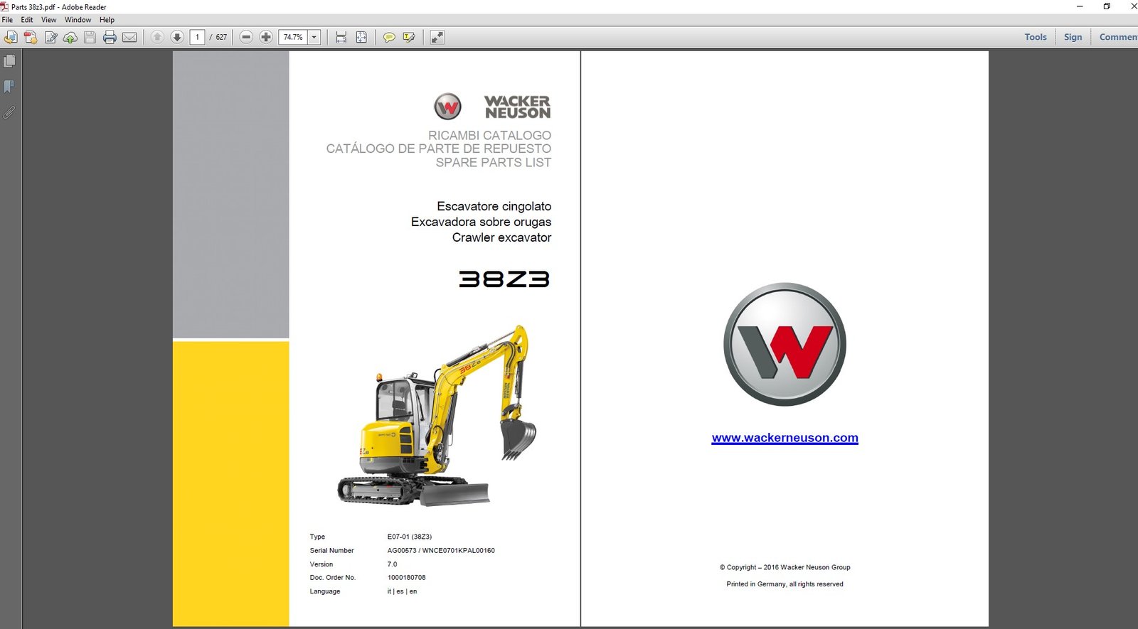 Wacker Neuson 38z3 Excavator Parts Manual cover featuring detailed diagrams and parts list for maintenance and repair