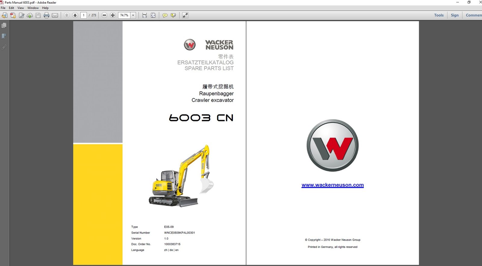 Wacker Neuson 6003 Excavator Parts Manual, illustrating parts and components for proper maintenance and operational guidance