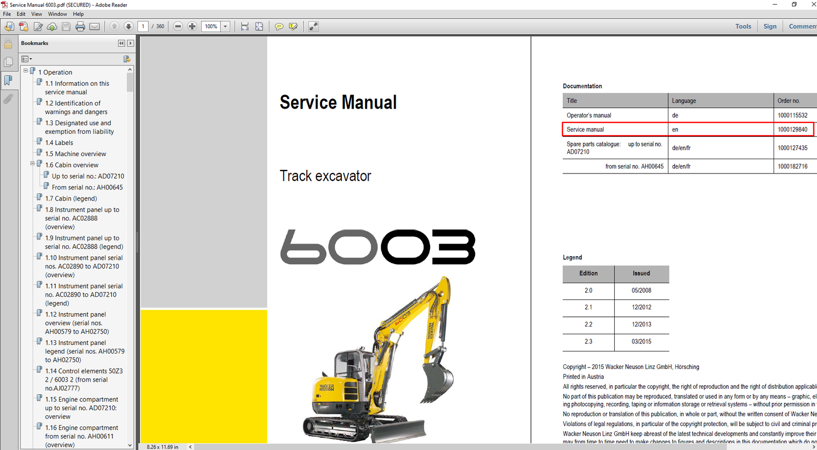 Service Repair Manual for Wacker Neuson 6003 Excavator, showcasing detailed diagrams and maintenance instructions