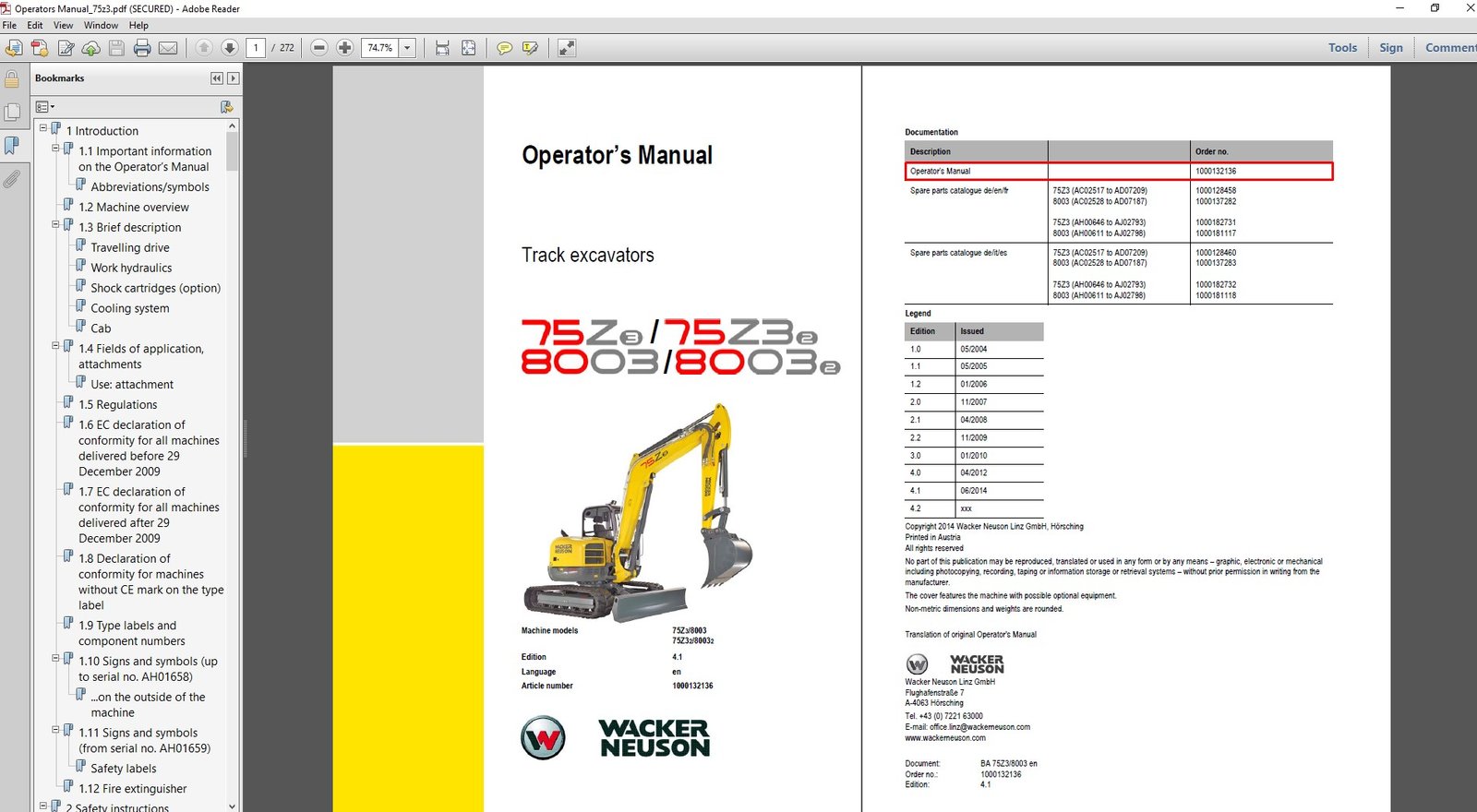 Operator's Manual for Wacker Neuson 75z3 Excavator, displaying essential operational guidelines and safety information