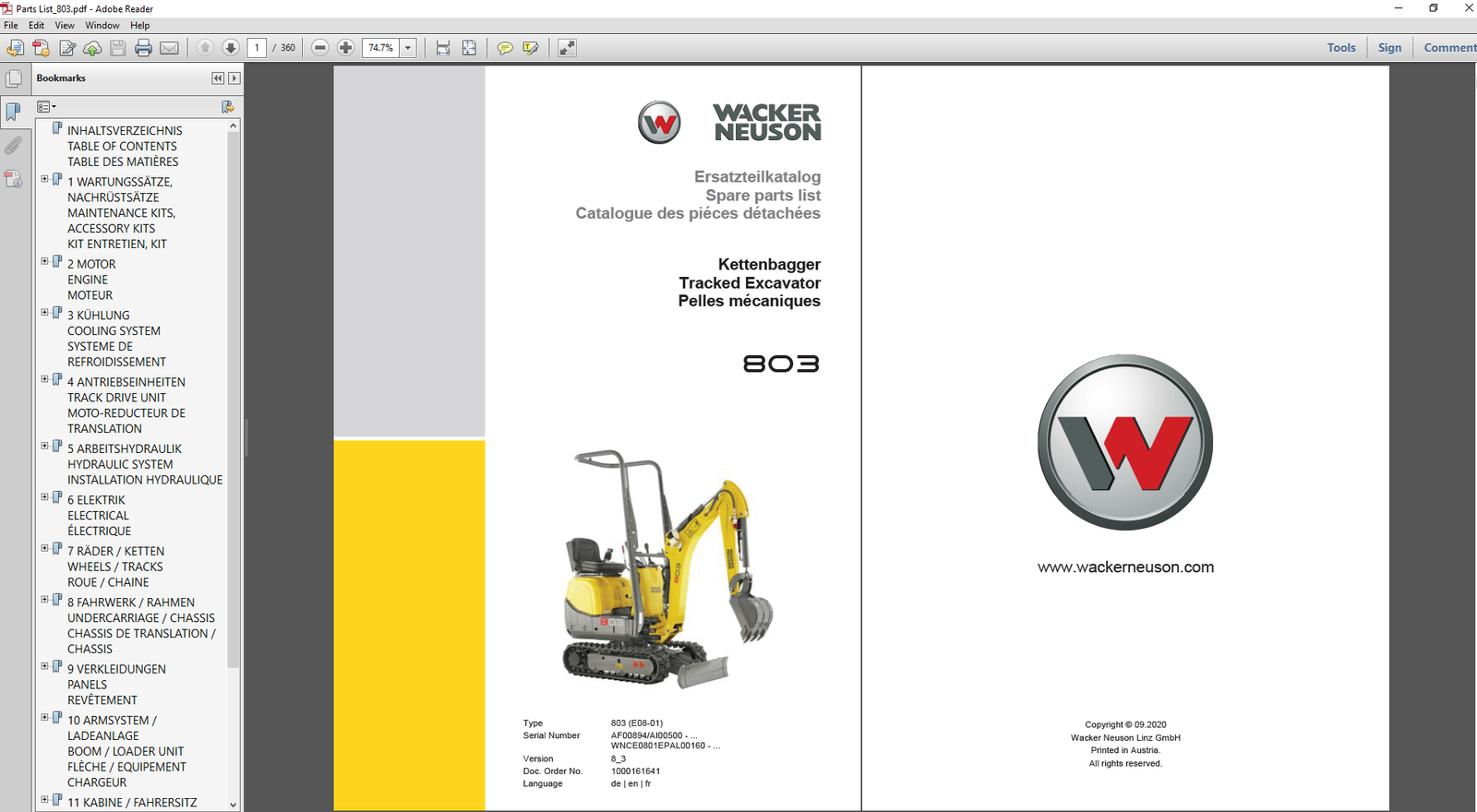 Parts manual for Wacker Neuson 803 Excavator, displaying diagrams and specifications for various components