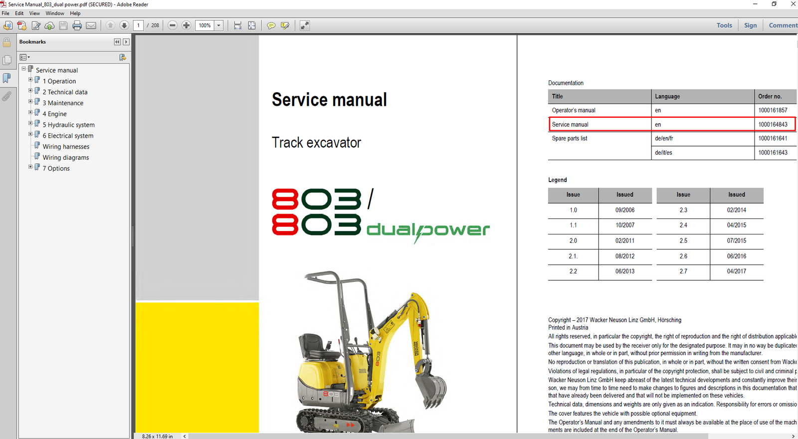 Wacker Neuson 803 Excavator Service Manual cover, highlighting repair guidelines and technical specifications