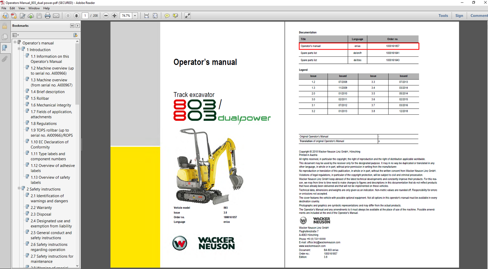 Wacker Neuson 803 Excavator Operator's Manual, providing essential information for safe and effective operation